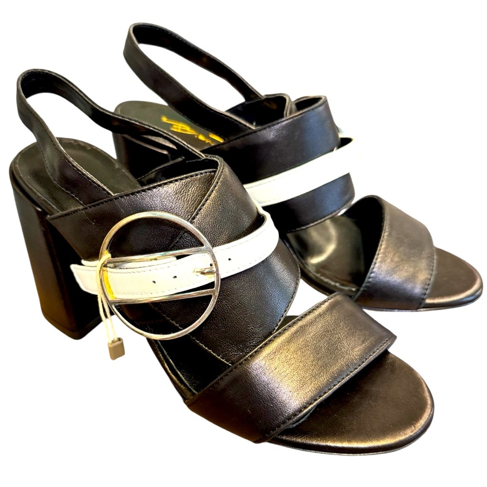 New in Box:  Italian B/W stacked heel leather sandals  - EU Size 38